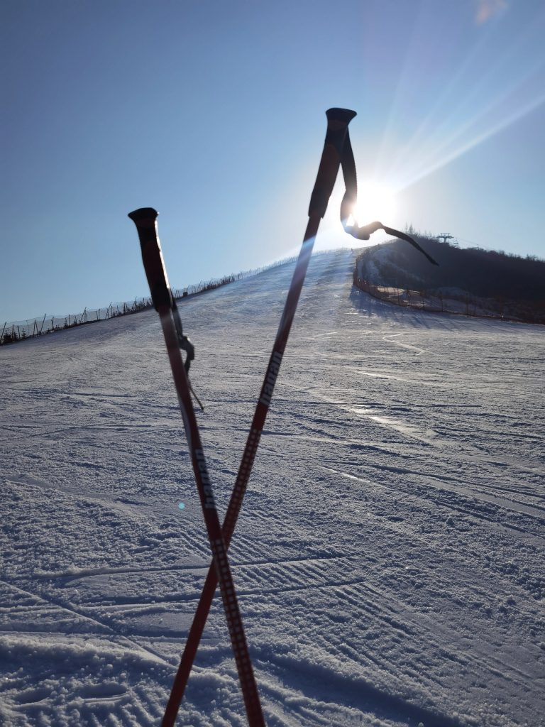 Ski poles against mountain backdrop