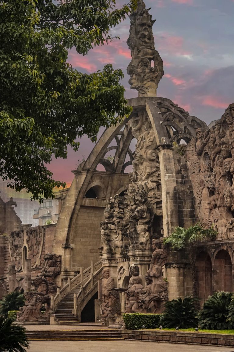Ornate temple against sunset