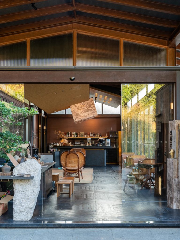 Cafe interior with bar and plants