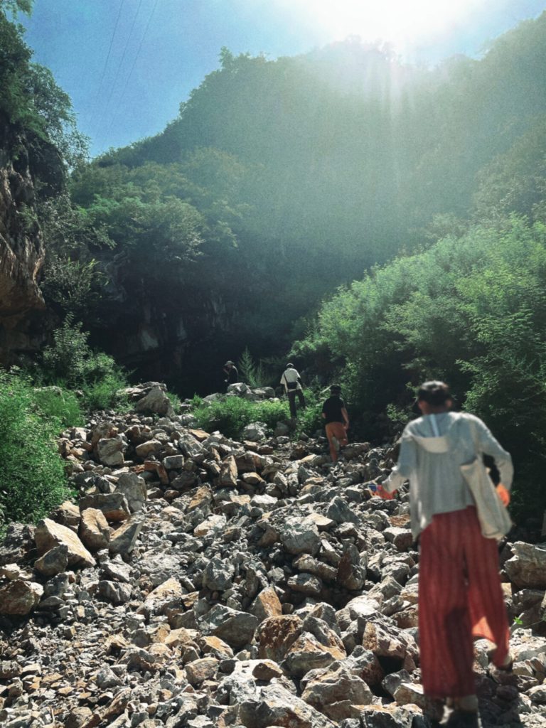 Group hiking in a rocky valley with lush greenery