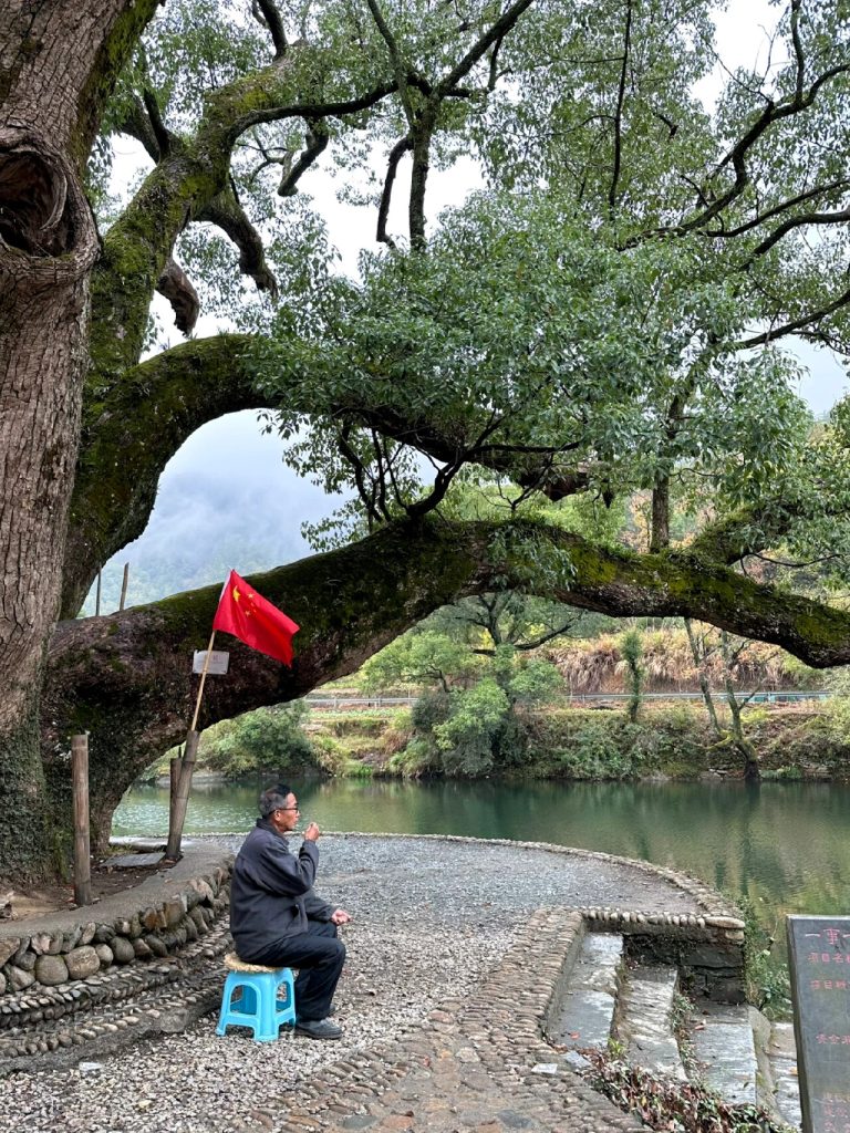 Person sitting by river with flag