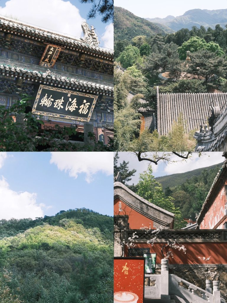 Traditional temple architecture amidst green mountains