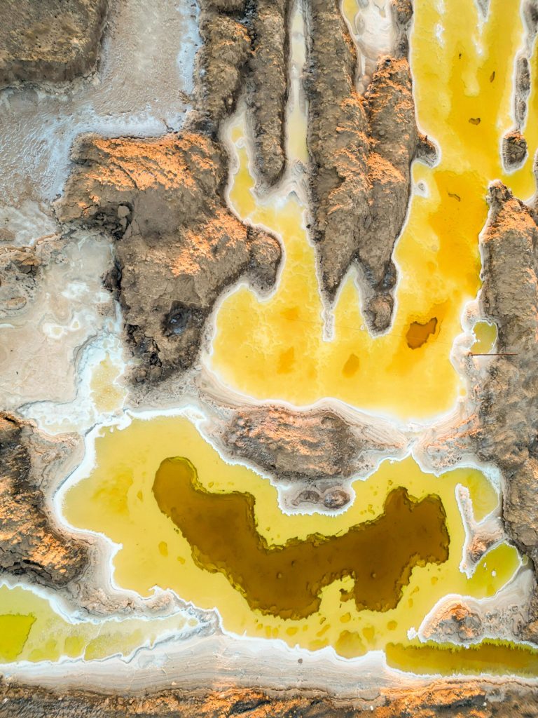 Aerial view of colorful mineral lakes