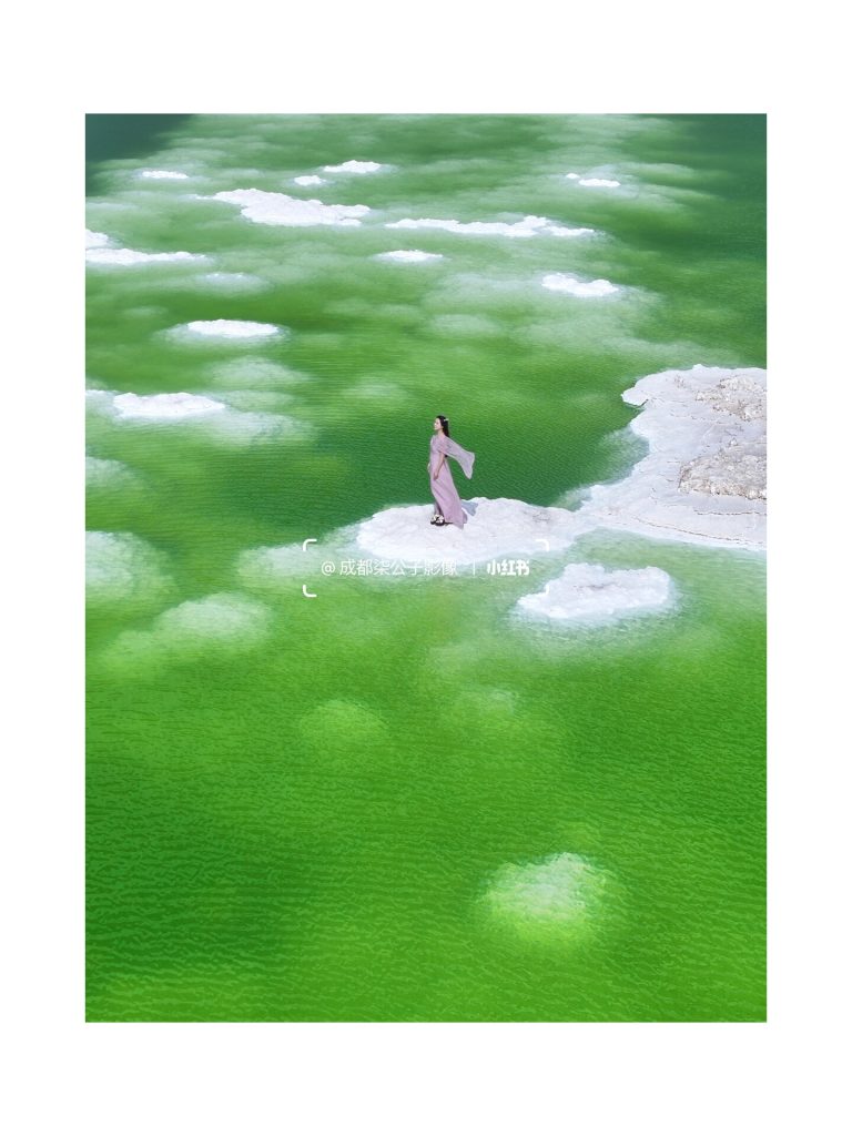 Person standing by green salt lake