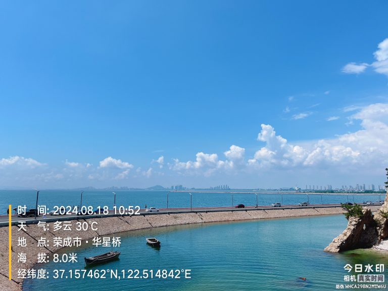 Coastal view with clear waters and distant city skyline