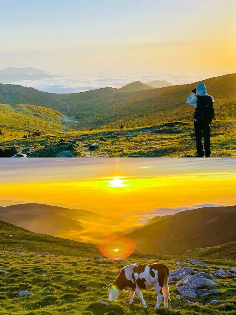 Hiker overlooking Wutai Mountain cloud sea