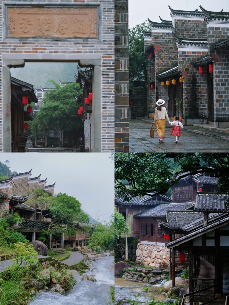 Traditional buildings and a small stream in a quiet ancient village setting