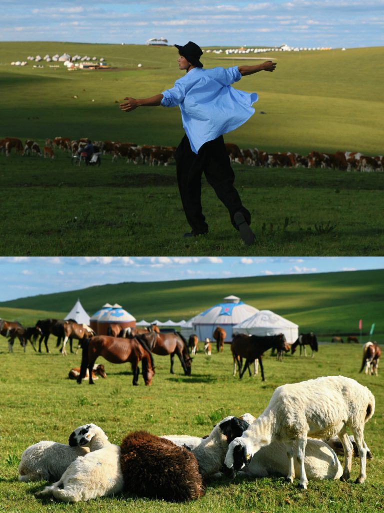 Person standing in a vast grassland with cattle and tents in the background