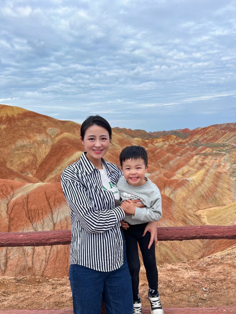 Family at colorful mountains