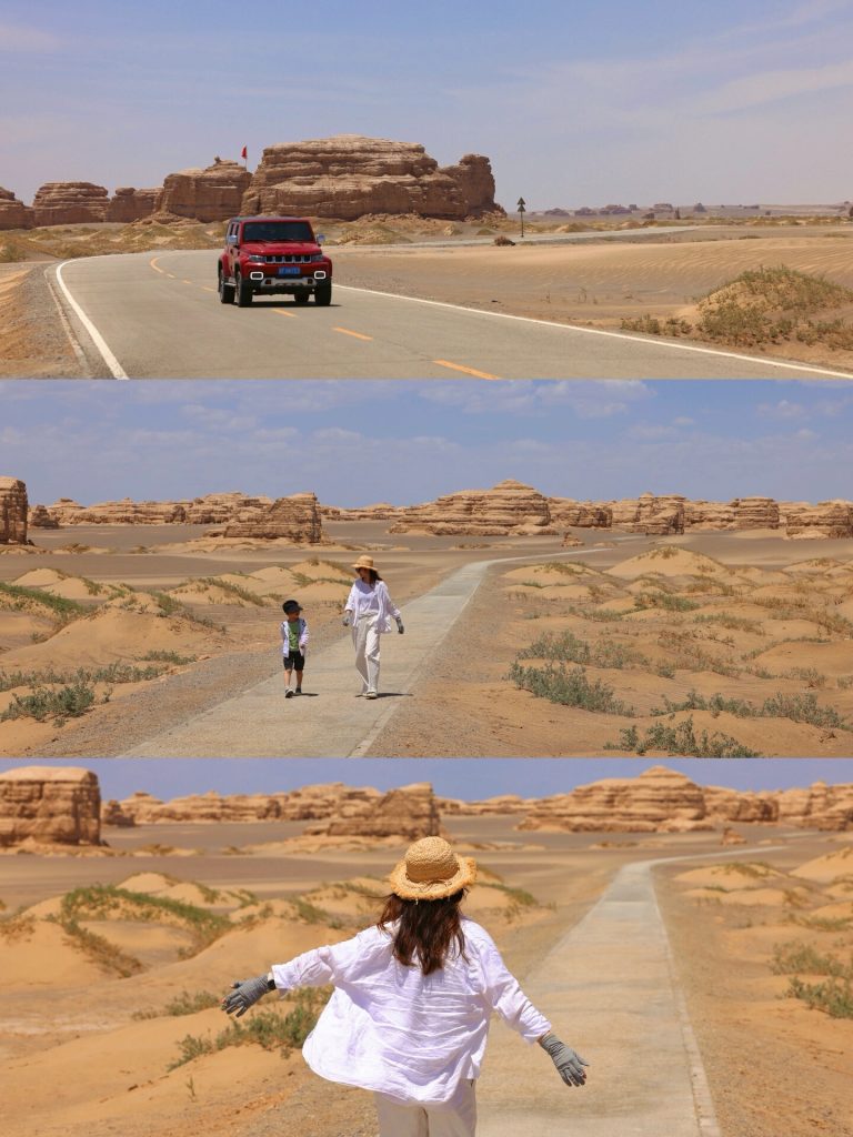 Family hiking in desert landscape