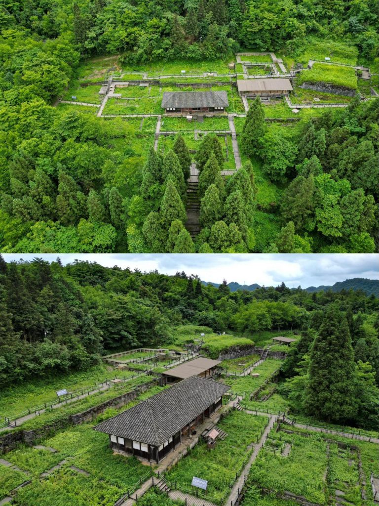 Aerial view of ancient ruins surrounded by lush trees, revealing the hidden history of Gansu historical sites.